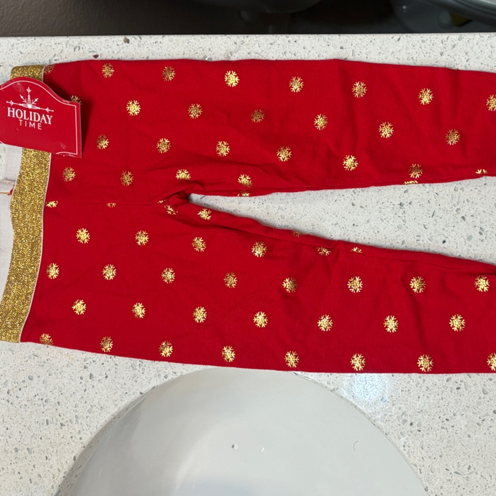Holiday Time Red Leggings with Gold Snowflakes